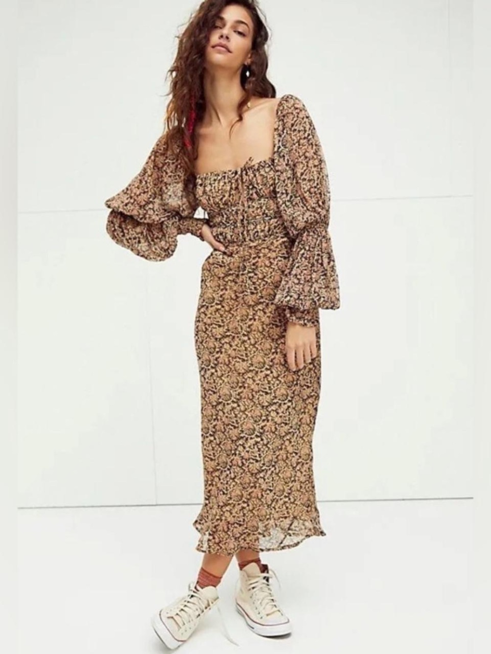 Free People Aglow Printed Midi Dress Puff Sleeves